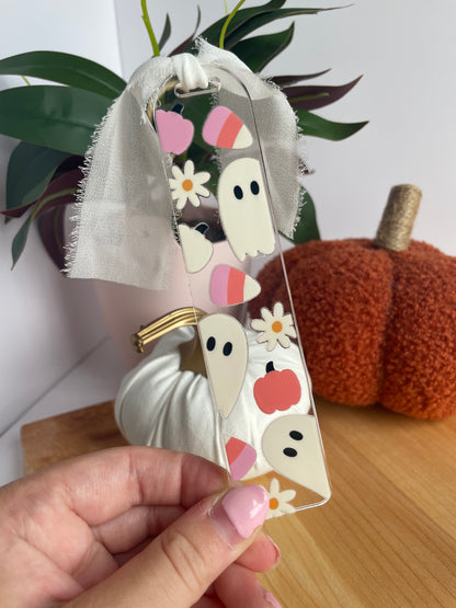 Ghosts and Candy Corn Clear Acrylic Bookmark with Chiffon Ribbon