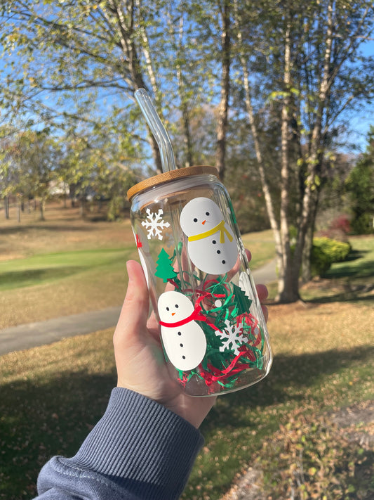 Happy Snowmen Winter Glass Cup with Bamboo Lid and Glass Straw