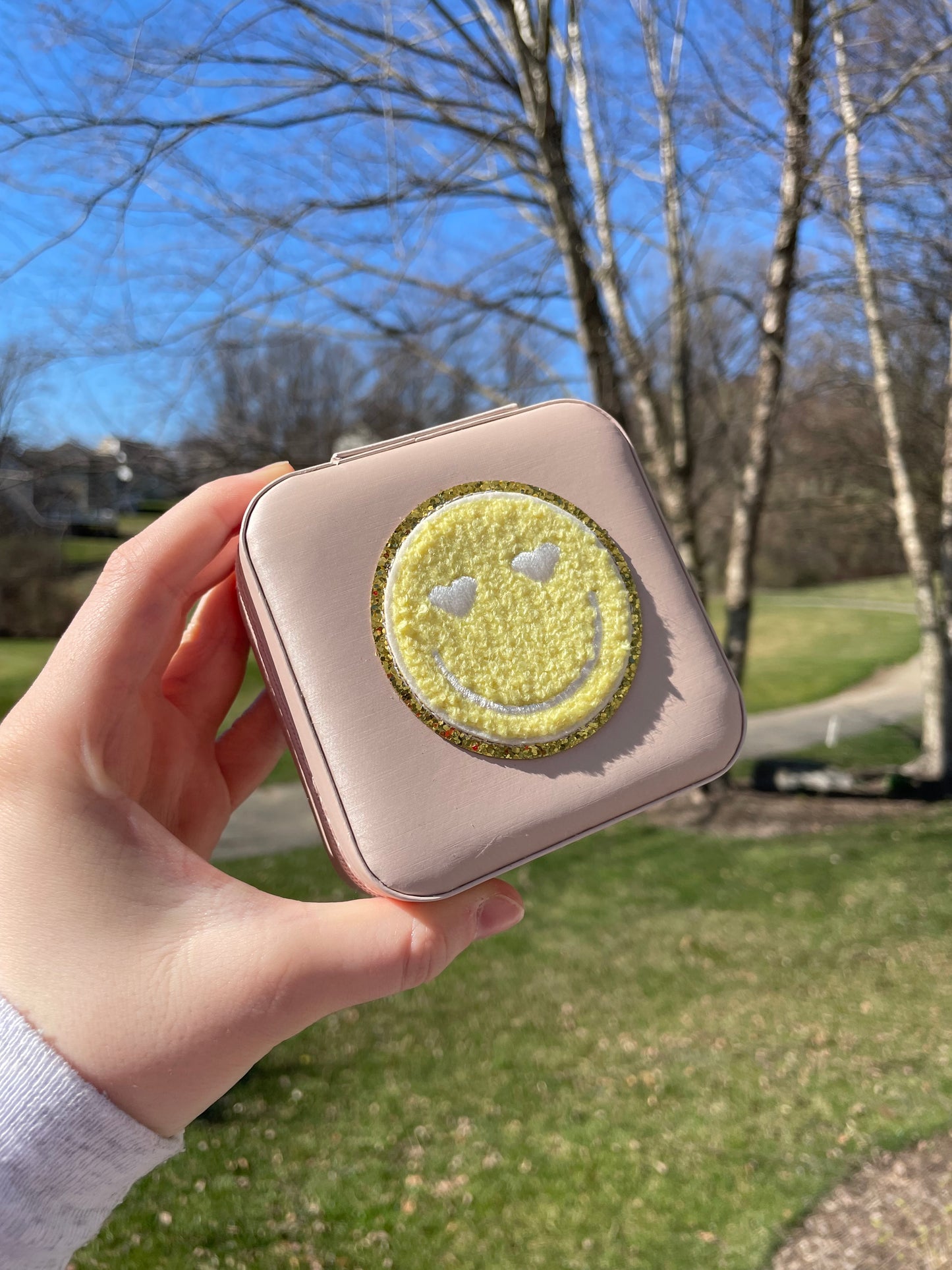 Yellow Heart Eyed Smiley Face Mini Travel Pale Pink Jewelry Box