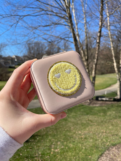 Yellow Heart Eyed Smiley Face Mini Travel Pale Pink Jewelry Box