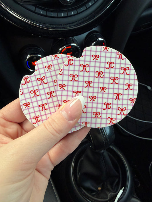 Pink Stripes and Red Bows Car Coasters