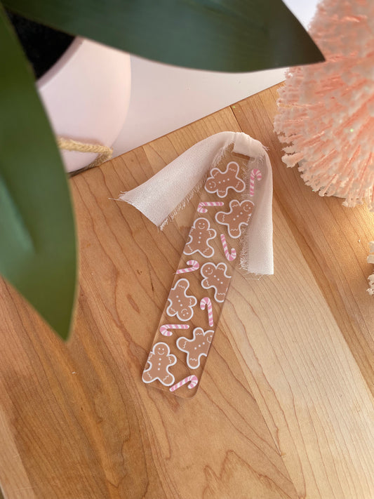 Gingerbread Cookies and Pink Candy Canes Clear Acrylic Bookmark with Chiffon Ribbon