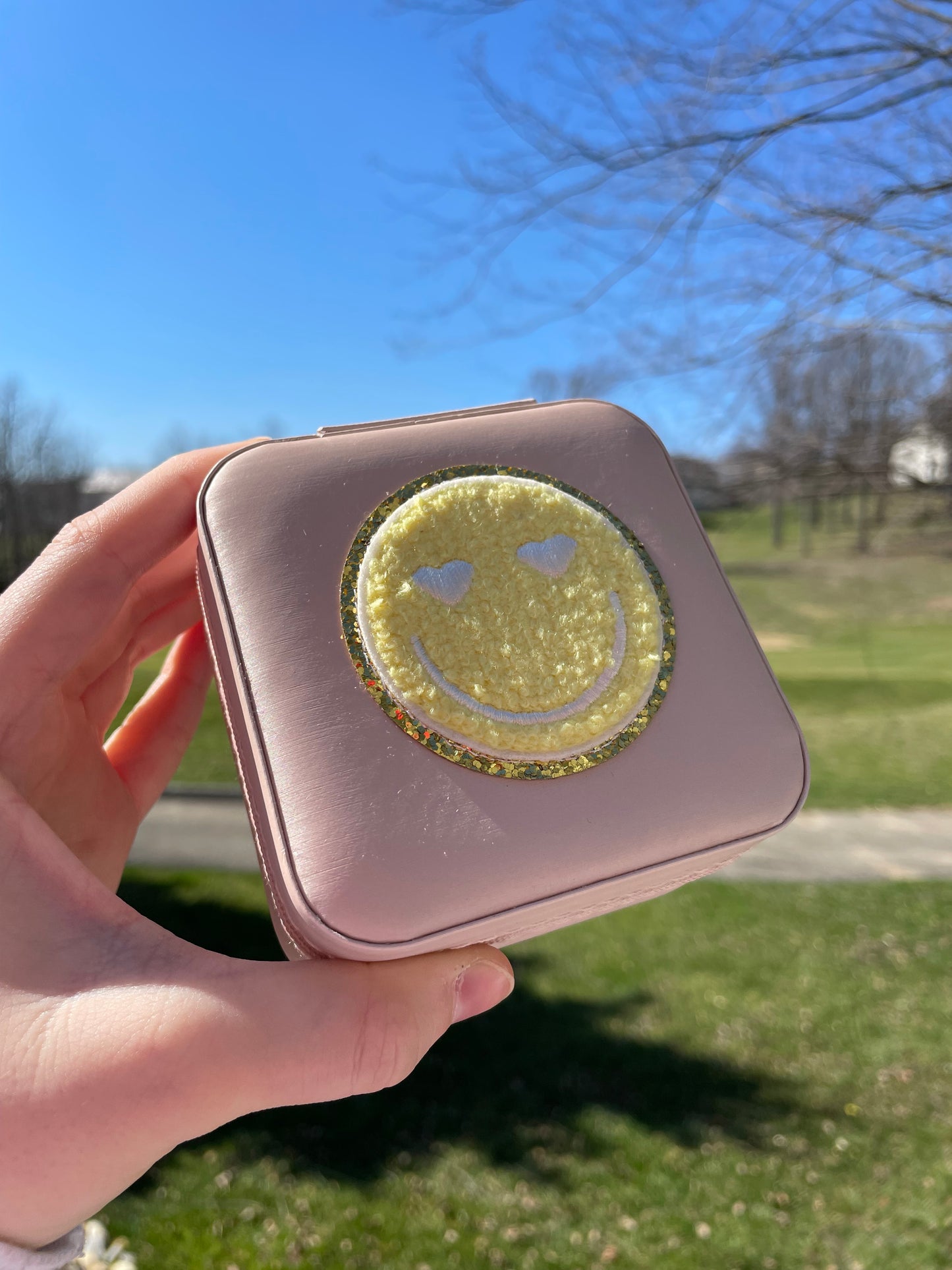 Yellow Heart Eyed Smiley Face Mini Travel Pale Pink Jewelry Box