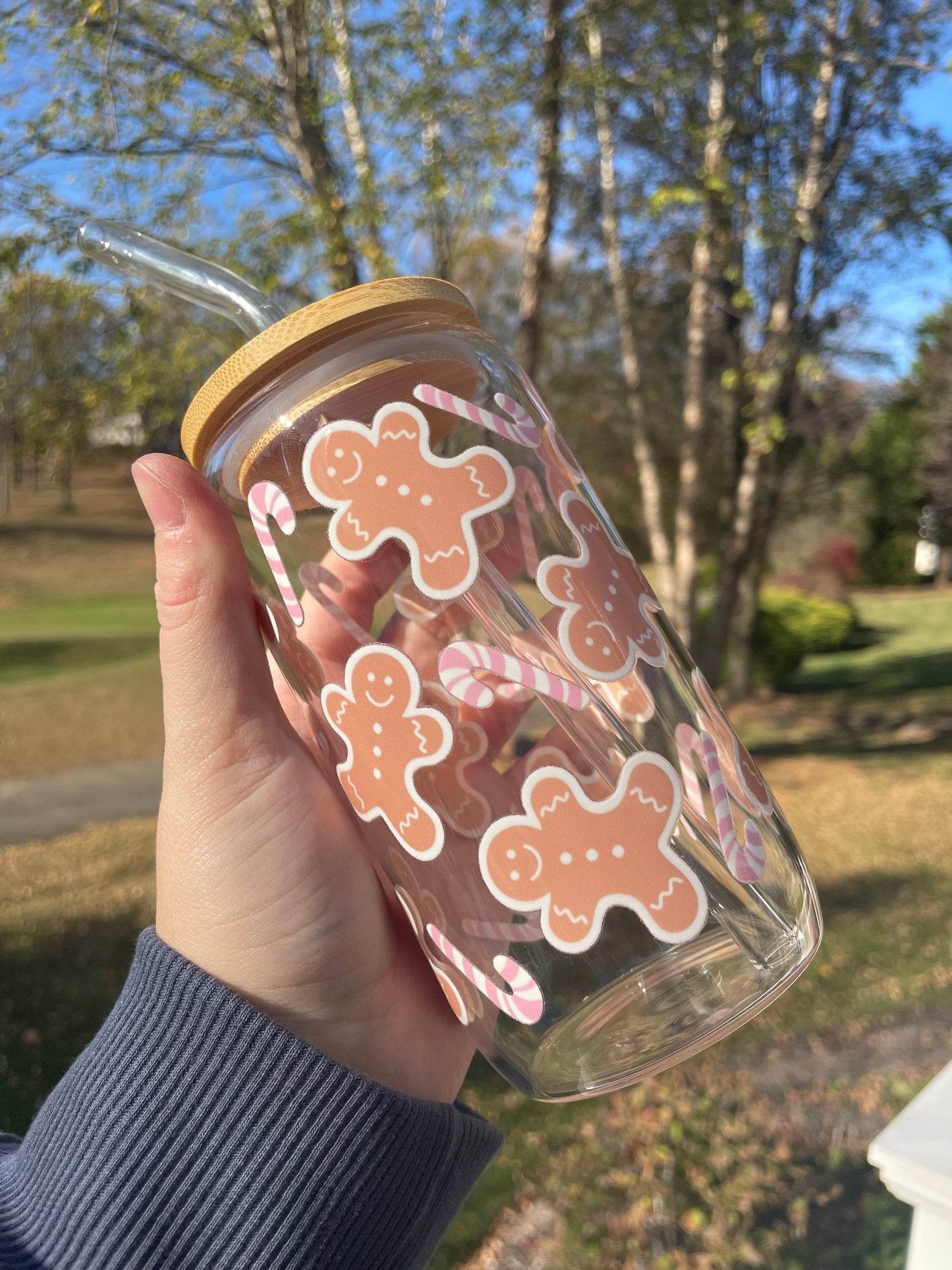 Gingerbread Cookies and Pink Candy Canes Glass Cup with Bamboo Lid and Glass Straw