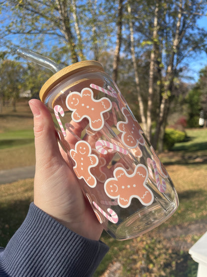 Gingerbread Cookies and Pink Candy Canes Glass Cup with Bamboo Lid and Glass Straw