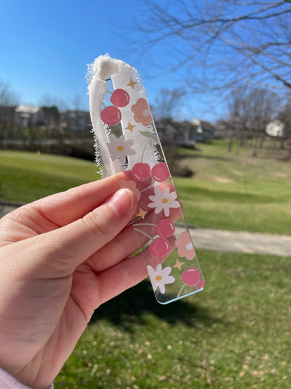 Cherries and Flowers Cute Clear Acrylic Bookmark with Chiffon Ribbon
