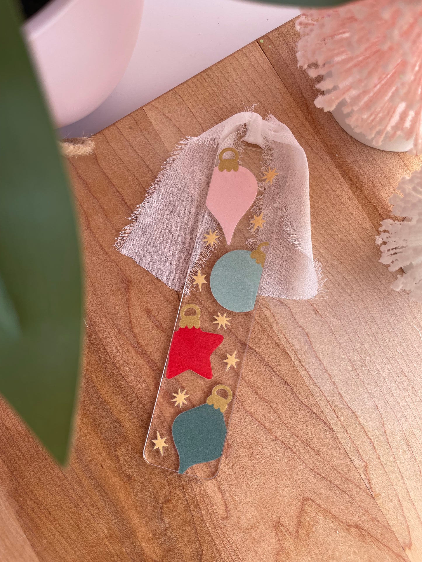 Christmas Ornaments Clear Acrylic Bookmark with Chiffon Ribbon