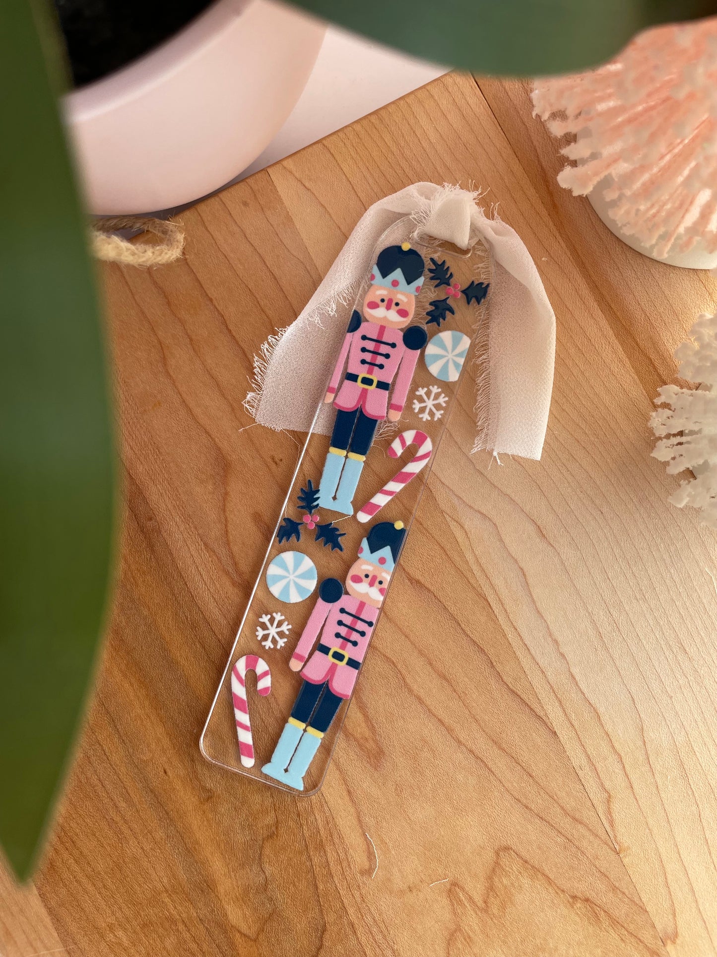 Blue Nutcrackers Holiday Clear Acrylic Bookmark with Chiffon Ribbon