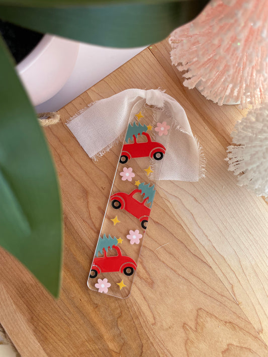 Red Christmas Truck Clear Acrylic Bookmark with Chiffon Ribbon