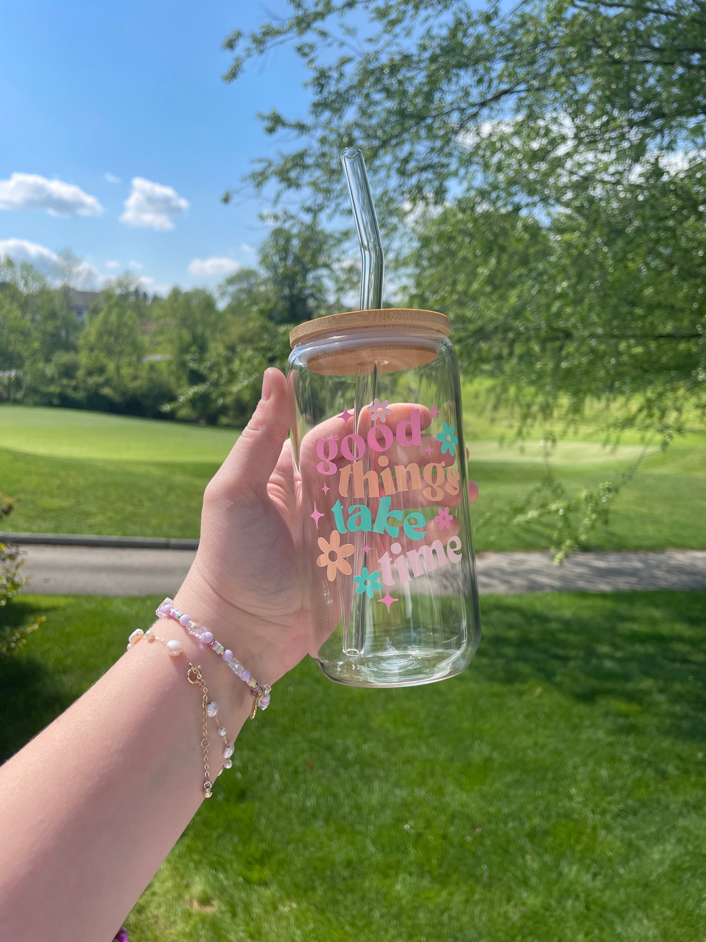 Good Things Take Time Colorful Glass Cup with Bamboo Lid and Glass Straw