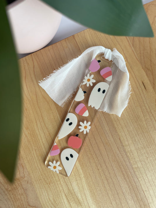 Ghosts and Candy Corn Clear Acrylic Bookmark with Chiffon Ribbon