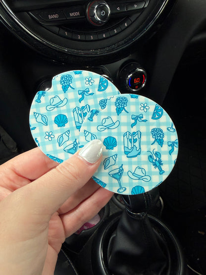 Blue Coastal Checkered Car Coasters