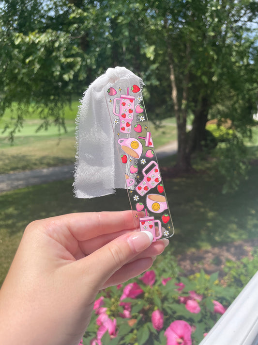 Girly Strawberries Clear Acrylic Bookmark with Chiffon Ribbon