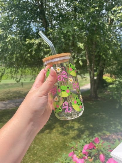 Adorable Froggies and Bows Glass Cup with Bamboo Lid and Glass Straw