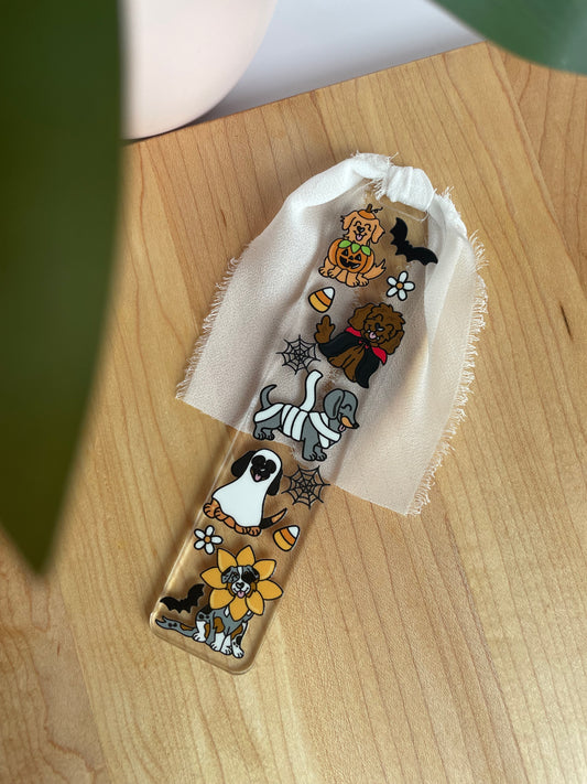 Halloween Costume Dogs Clear Acrylic Bookmark with Chiffon Ribbon