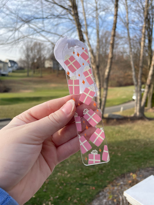 Pretty Pink Presents Holiday Clear Acrylic Bookmark with Chiffon Ribbon