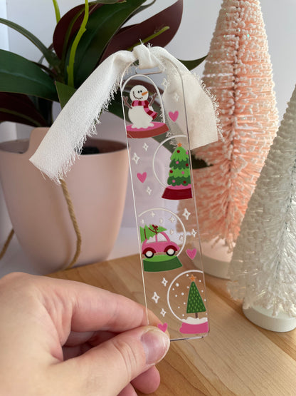Festive Snowglobes Winter Clear Acrylic Bookmark with Chiffon Ribbon