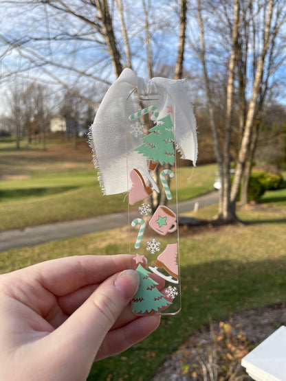 Pretty Pastel Winter Ice Skating Clear Acrylic Bookmark with Chiffon Ribbon