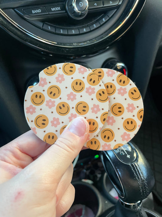 Smileys and Flowers Car Coasters