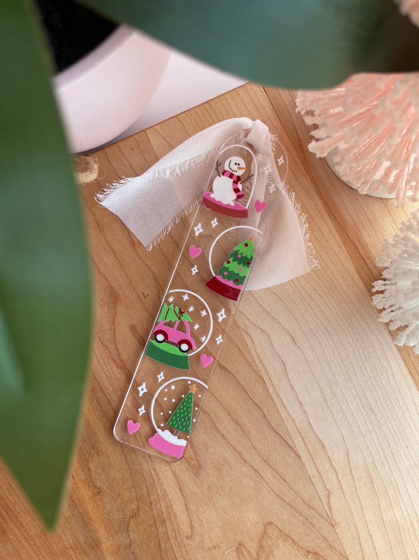 Festive Snowglobes Winter Clear Acrylic Bookmark with Chiffon Ribbon