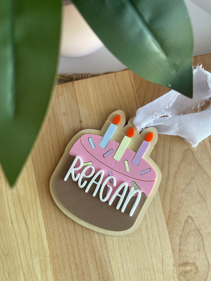 Birthday Cake Acrylic Gift Tag with Chiffon Ribbon