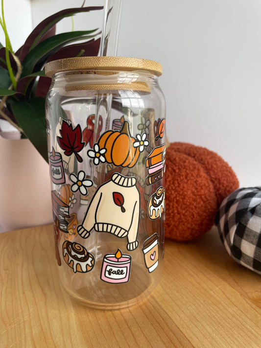 Cozy Fall Girlie Glass Cup with Bamboo Lid and Glass Straw