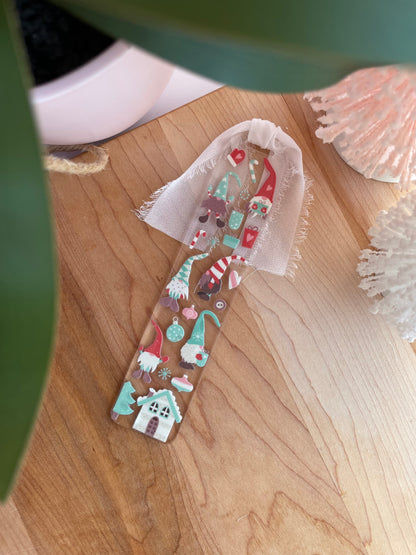 Holiday Gnomes Clear Acrylic Bookmark with Chiffon Ribbon