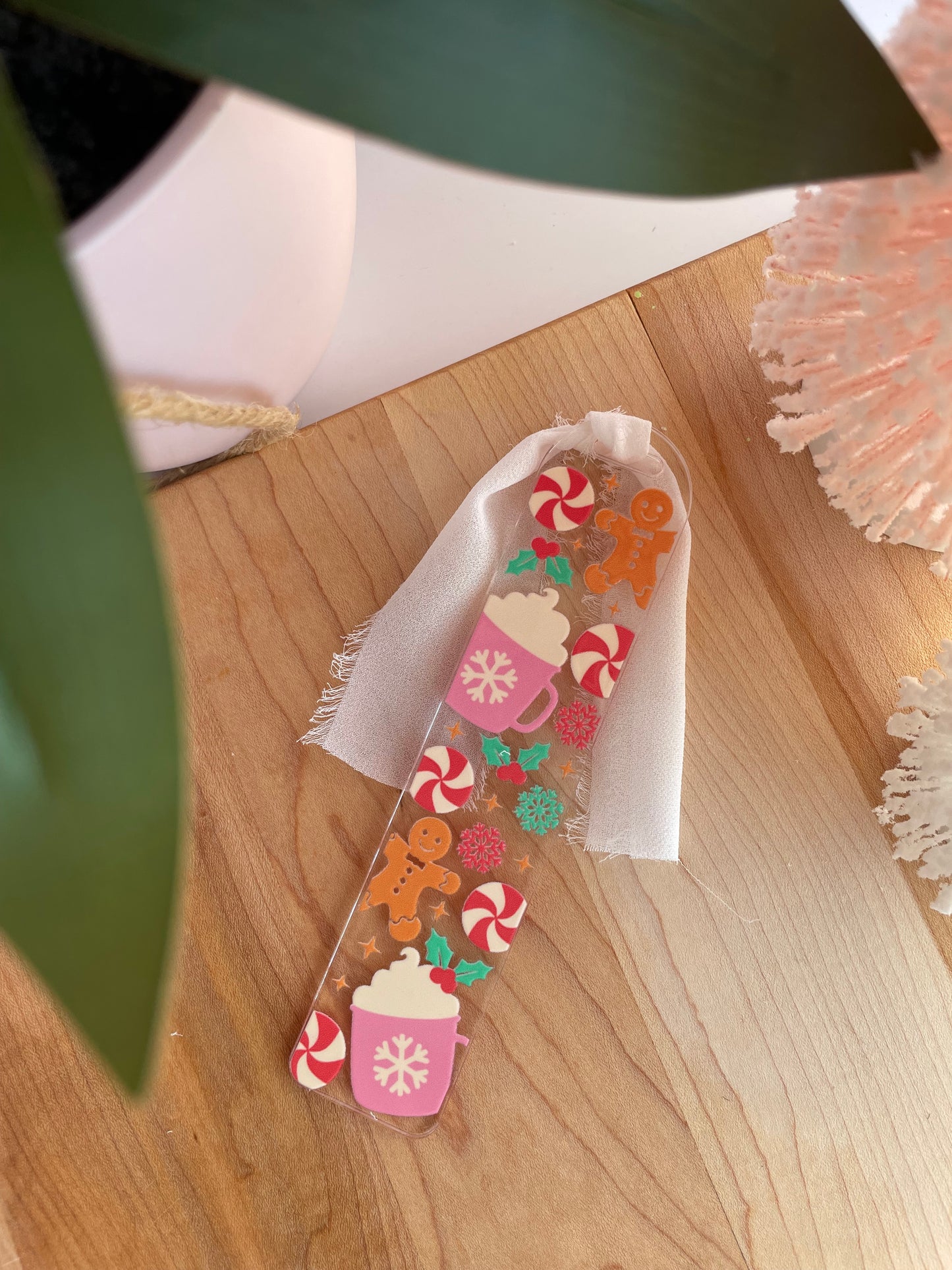 Cute Gingerbread Cookies and Hot Cocoa Clear Acrylic Bookmark with Chiffon Ribbon
