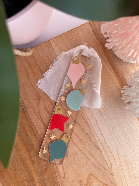 Christmas Ornaments Clear Acrylic Bookmark with Chiffon Ribbon