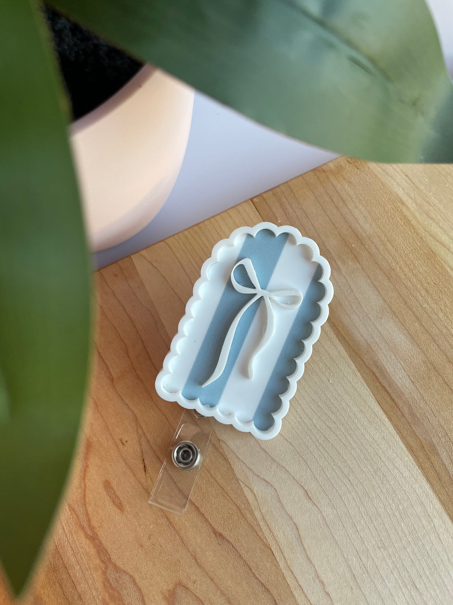 Scalloped Blue Stripe Bow Badge Reel