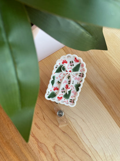 Scalloped Christmas Doodles and Bow Badge Reel