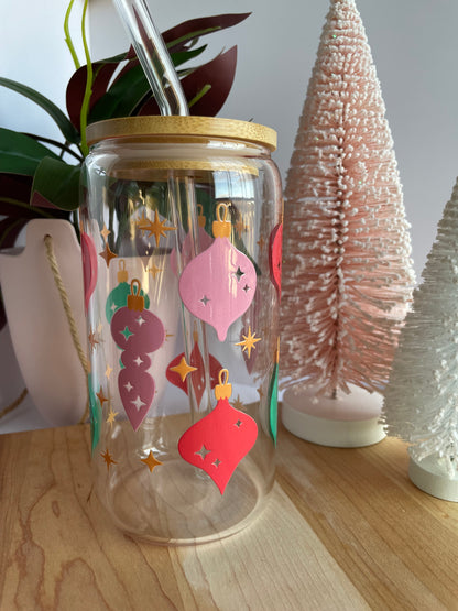 Christmas Ornaments Glass Cup with Bamboo Lid and Glass Straw