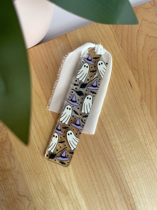 Ghosts and Witch Hats Clear Acrylic Bookmark with Chiffon Ribbon
