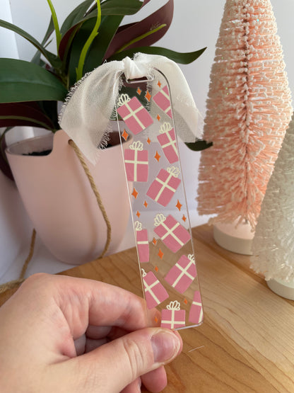 Pretty Pink Presents Holiday Clear Acrylic Bookmark with Chiffon Ribbon