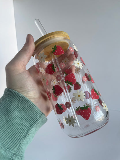 Strawberries and Daises Glass Cup with Bamboo Lid and Glass Straw