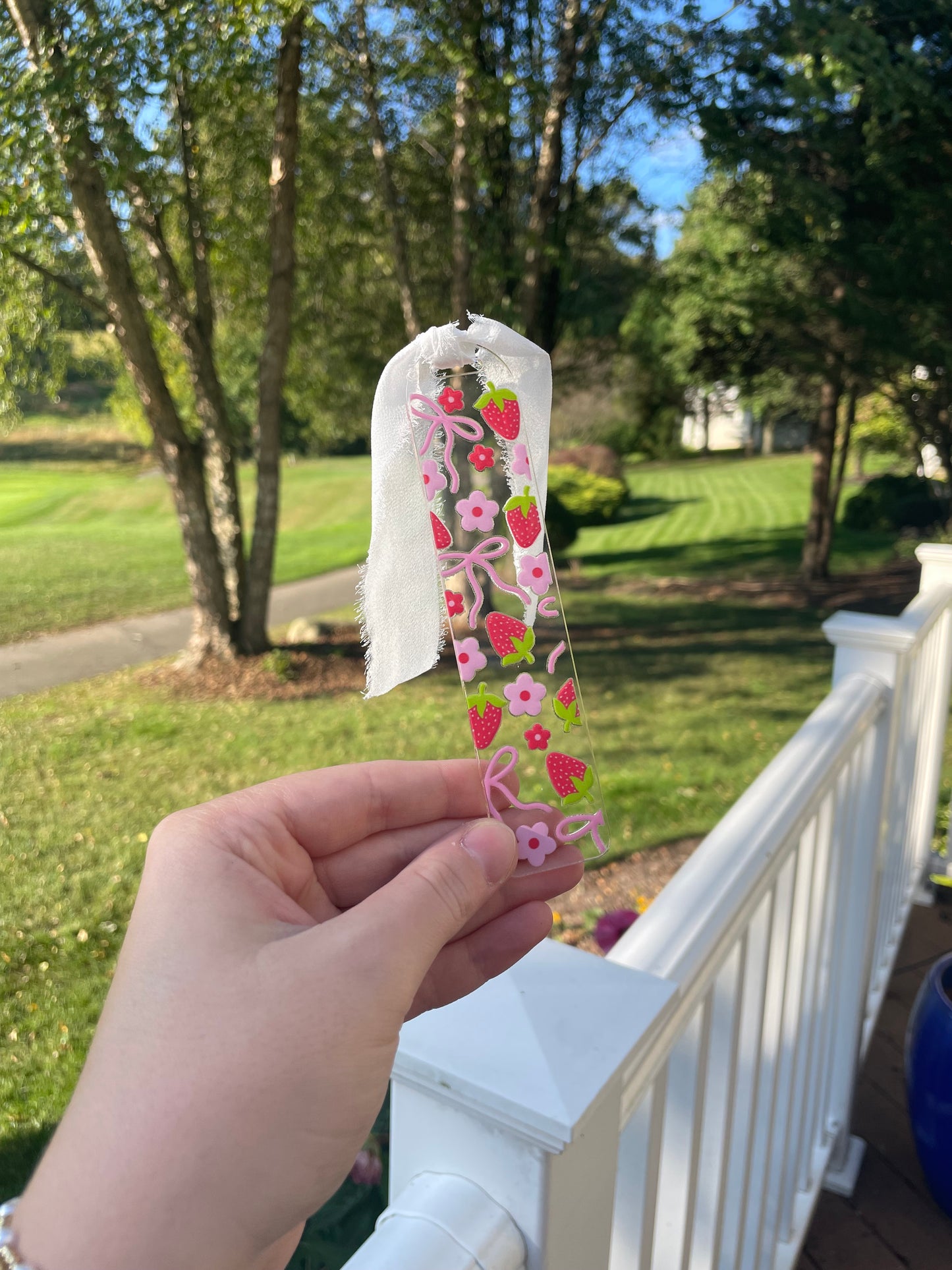 Strawberries and Pink Bows Cute Clear Acrylic Bookmark with Chiffon Ribbon