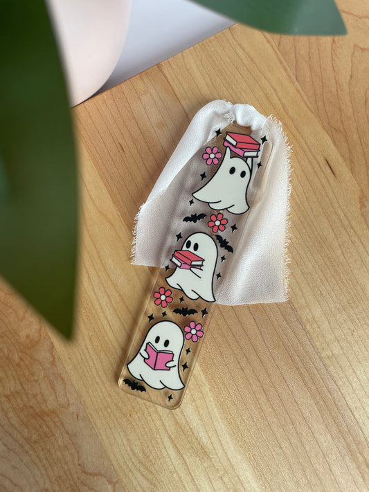 Bookish Ghosts Clear Acrylic Bookmark with Chiffon Ribbon
