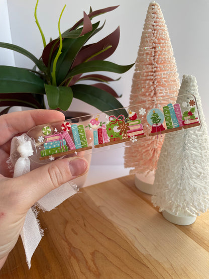 Christmas Bookshelf Clear Acrylic Bookmark with Chiffon Ribbon