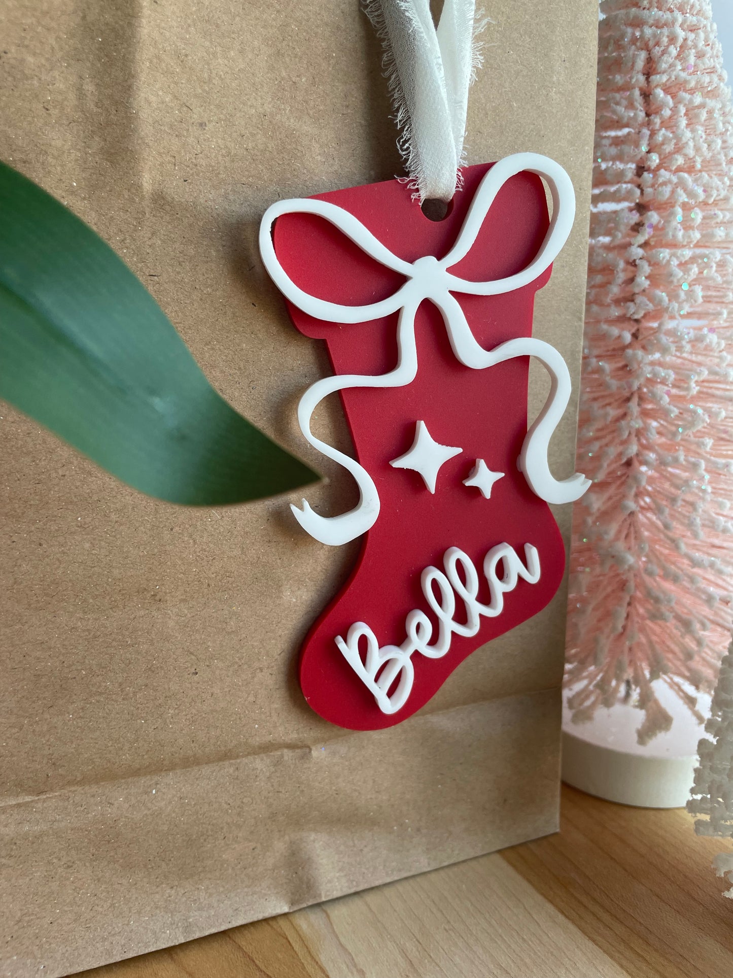 Holiday Stocking Custom Name Gift Tag with Chiffon Ribbon