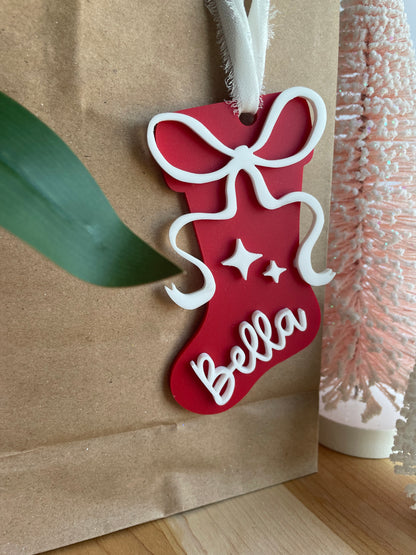 Holiday Stocking Custom Name Gift Tag with Chiffon Ribbon