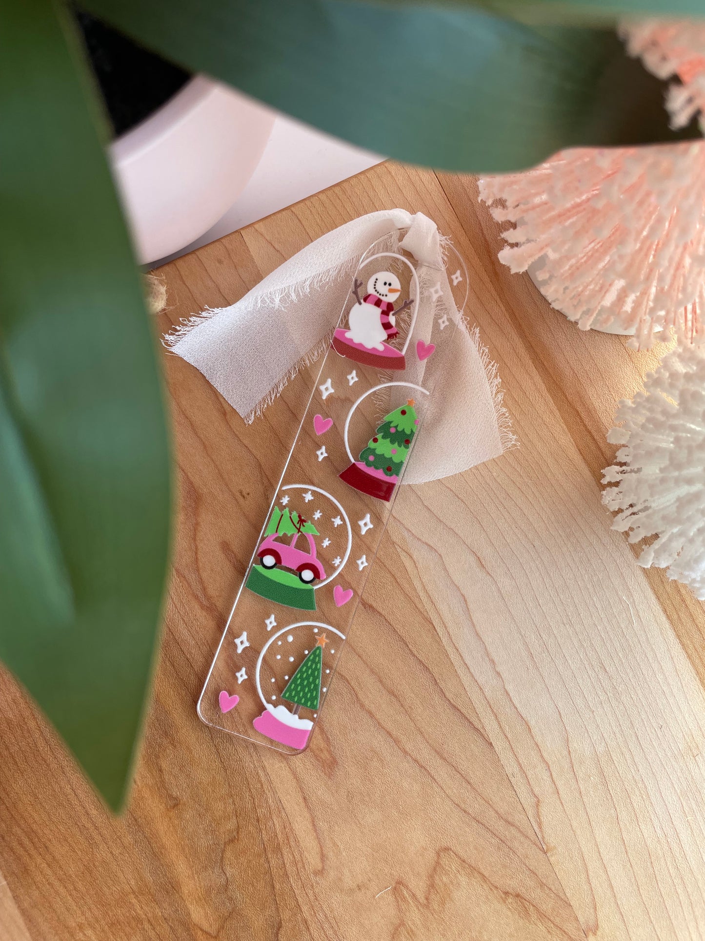 Festive Snowglobes Winter Clear Acrylic Bookmark with Chiffon Ribbon