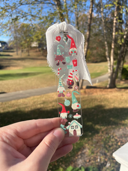 Holiday Gnomes Clear Acrylic Bookmark with Chiffon Ribbon