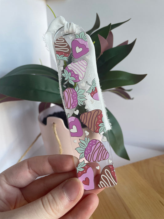 Chocolate Covered Strawberries Clear Acrylic Bookmark with Chiffon Ribbon
