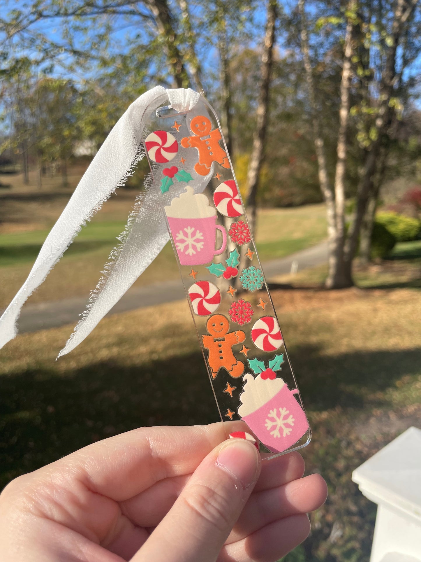 Cute Gingerbread Cookies and Hot Cocoa Clear Acrylic Bookmark with Chiffon Ribbon