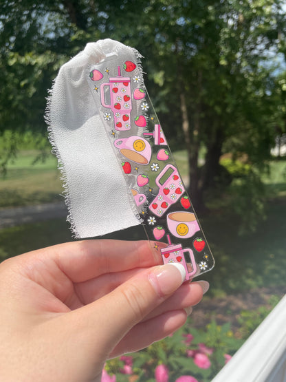 Girly Strawberries Clear Acrylic Bookmark with Chiffon Ribbon