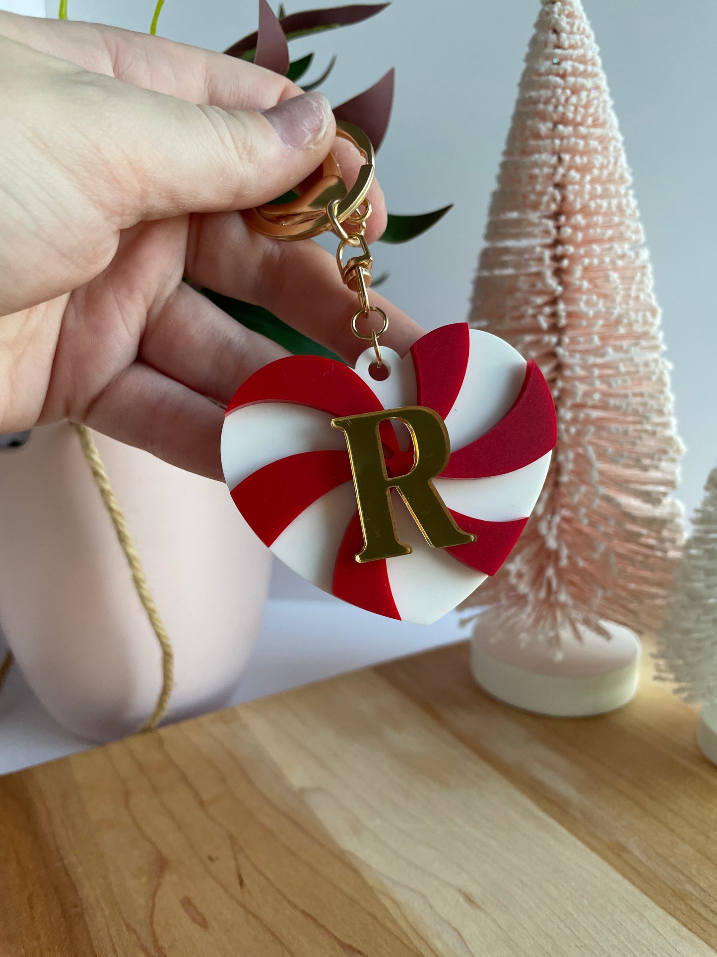 Peppermint Heart Keychain with Gold Features