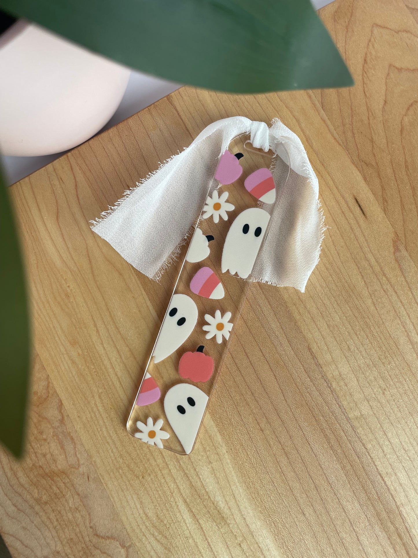 Ghosts and Candy Corn Clear Acrylic Bookmark with Chiffon Ribbon