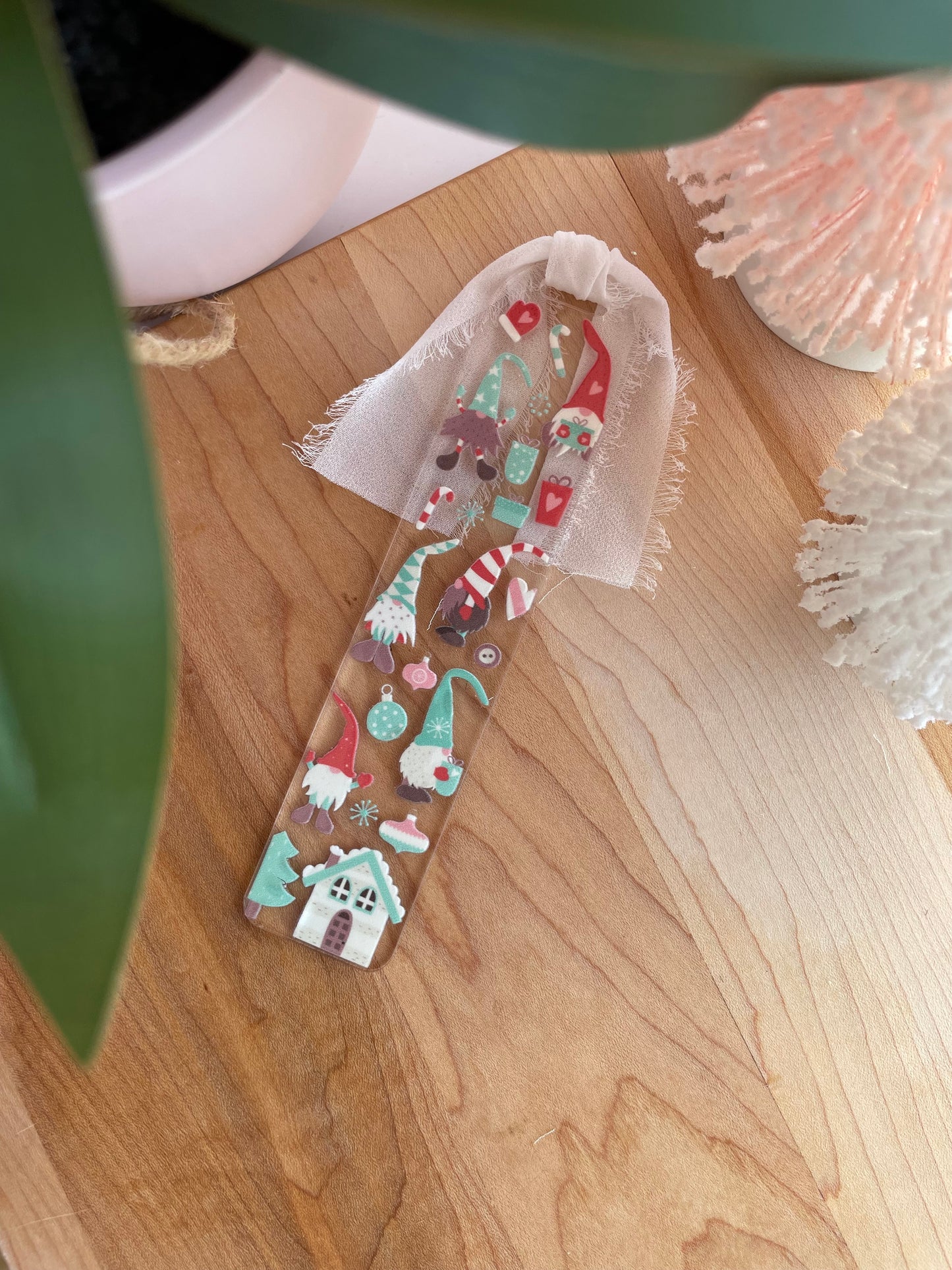 Holiday Gnomes Clear Acrylic Bookmark with Chiffon Ribbon