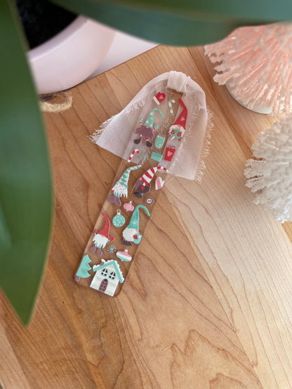 Holiday Gnomes Clear Acrylic Bookmark with Chiffon Ribbon