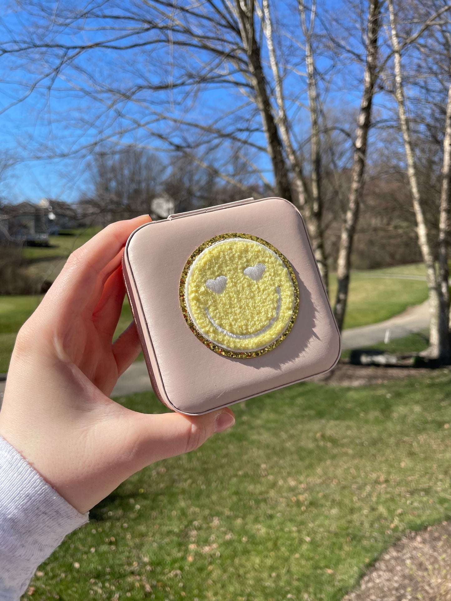 Yellow Heart Eyed Smiley Face Mini Travel Pale Pink Jewelry Box